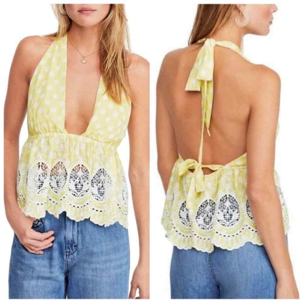FREE PEOPLE Lunch Date Halter Top In Yellow sz L